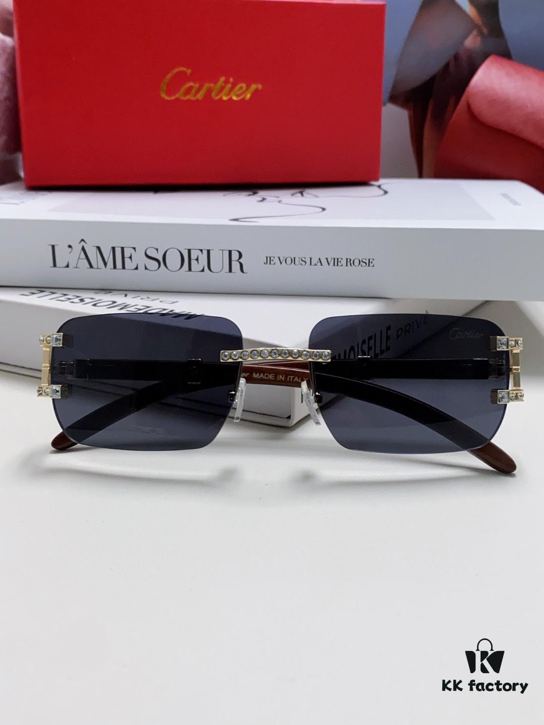 Cartier 2024 New Retro Wooden-Leg Inspired Sunglasses, Frameless Diamond-Paved Fashion Unisex Sun Glasses for Men and Women