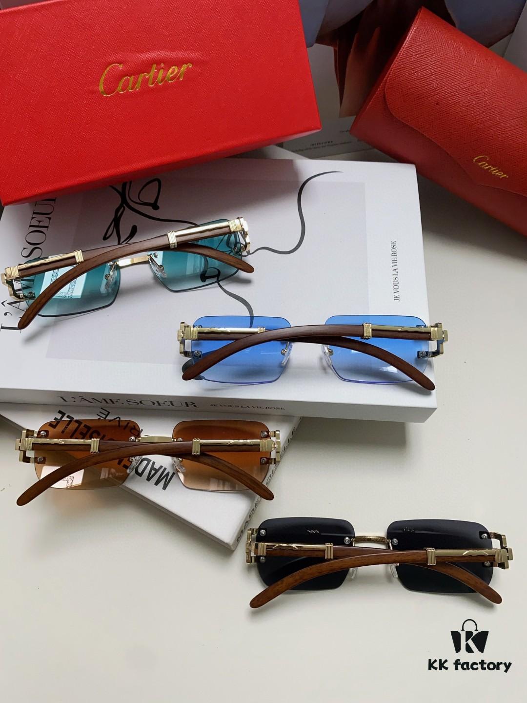 Cartier 2024 New Retro Wooden-Leg Inspired Sunglasses, Frameless Diamond-Paved Fashion Unisex Sun Glasses for Men and Women