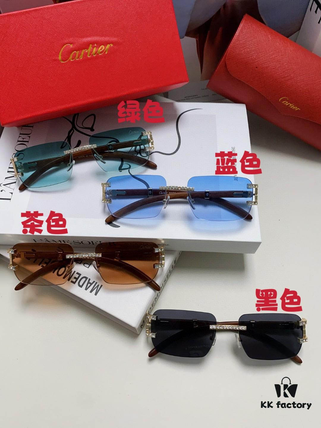 Cartier 2024 New Retro Wooden-Leg Inspired Sunglasses, Frameless Diamond-Paved Fashion Unisex Sun Glasses for Men and Women