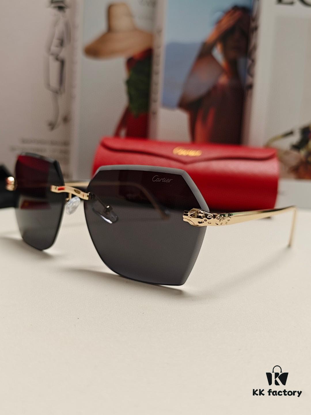 Cartier 2024 New Collection Frameless Sunglasses for Women, Classic Leopard Print Temples, Diamond-Cut Edges, Gradient Lenses, Oversized Luxury Design