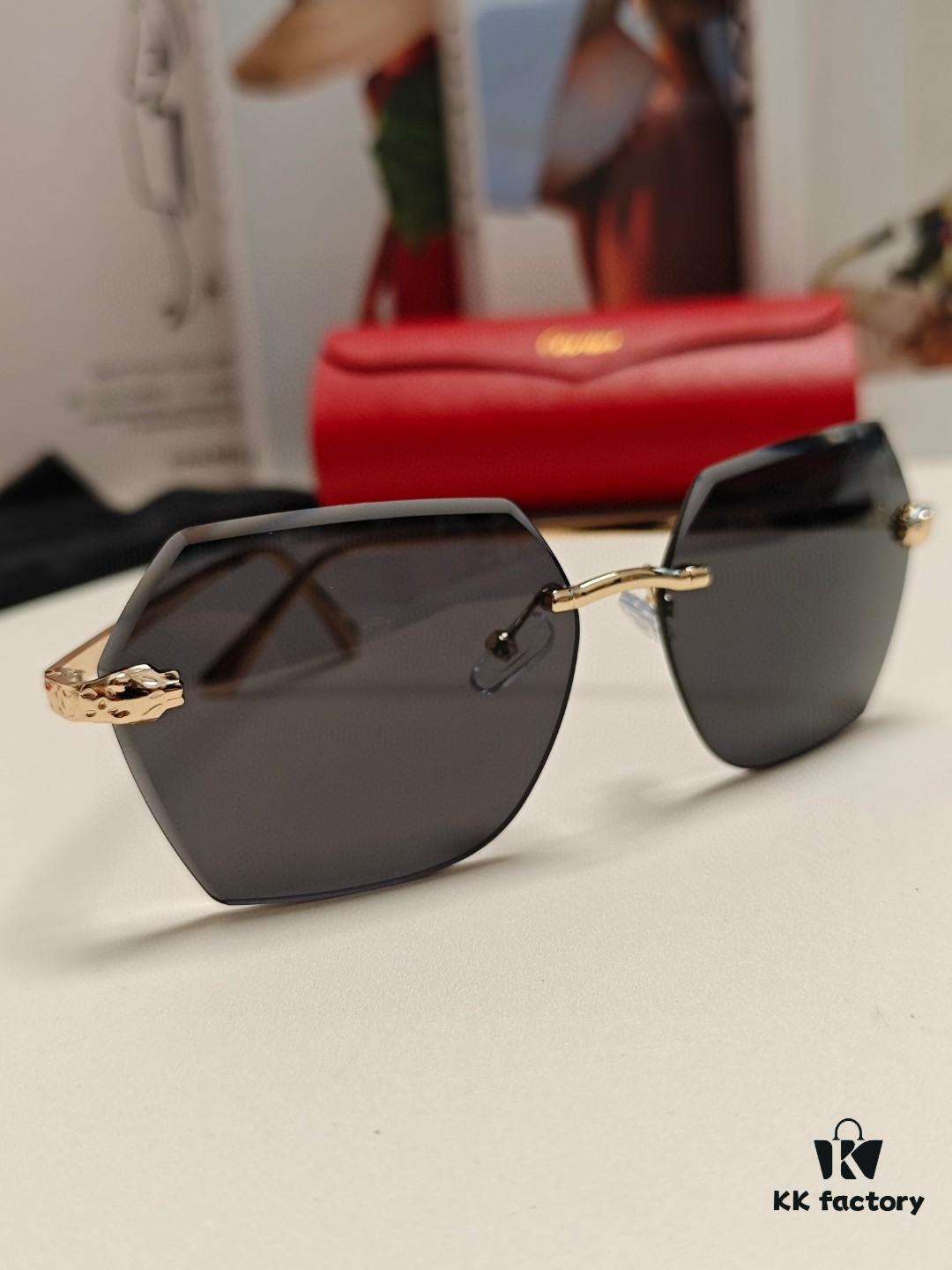 Cartier 2024 New Collection Frameless Sunglasses for Women, Classic Leopard Print Temples, Diamond-Cut Edges, Gradient Lenses, Oversized Luxury Design