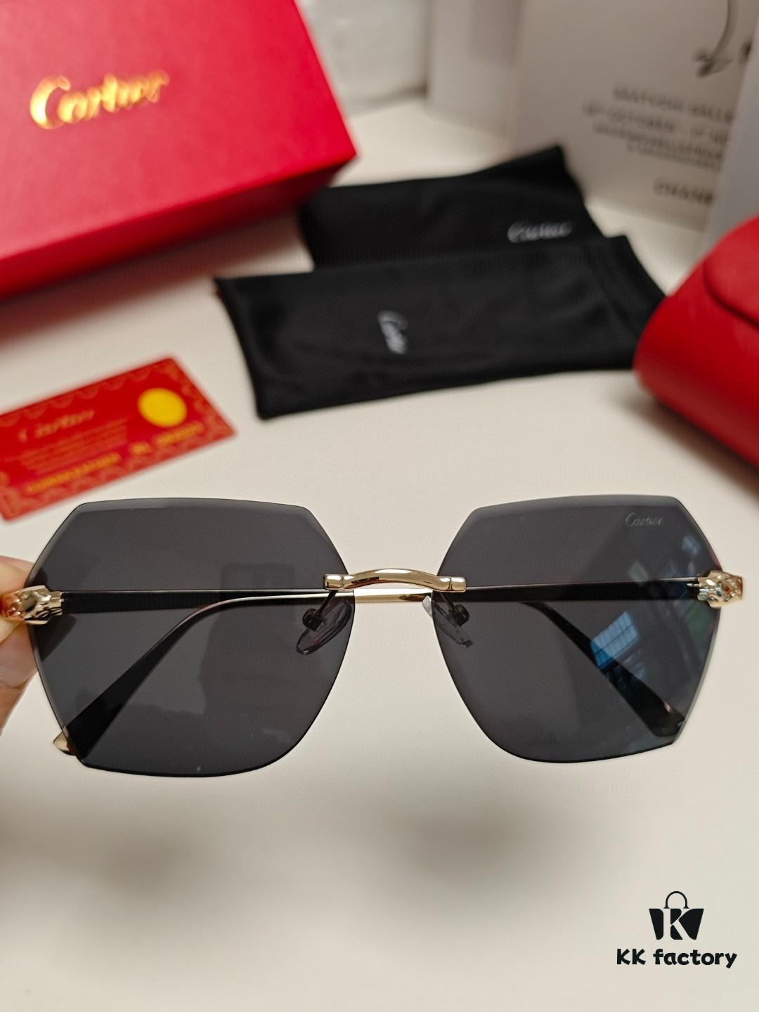 Cartier 2024 New Collection Frameless Sunglasses for Women, Classic Leopard Print Temples, Diamond-Cut Edges, Gradient Lenses, Oversized Luxury Design