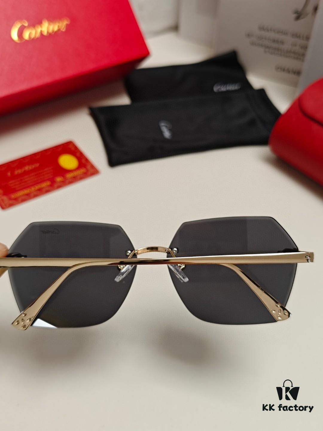 Cartier 2024 New Collection Frameless Sunglasses for Women, Classic Leopard Print Temples, Diamond-Cut Edges, Gradient Lenses, Oversized Luxury Design