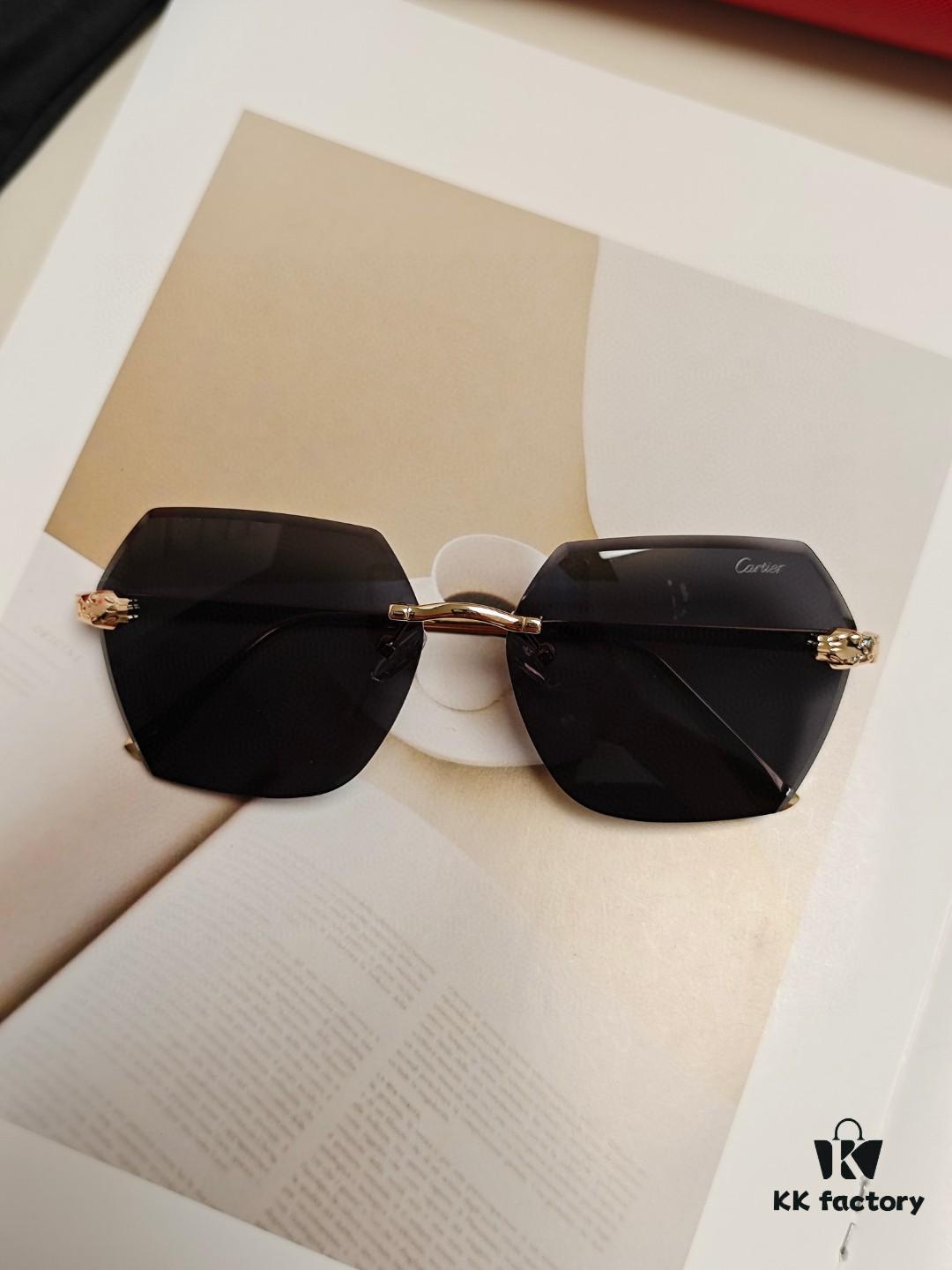 Cartier 2024 New Collection Frameless Sunglasses for Women, Classic Leopard Print Temples, Diamond-Cut Edges, Gradient Lenses, Oversized Luxury Design