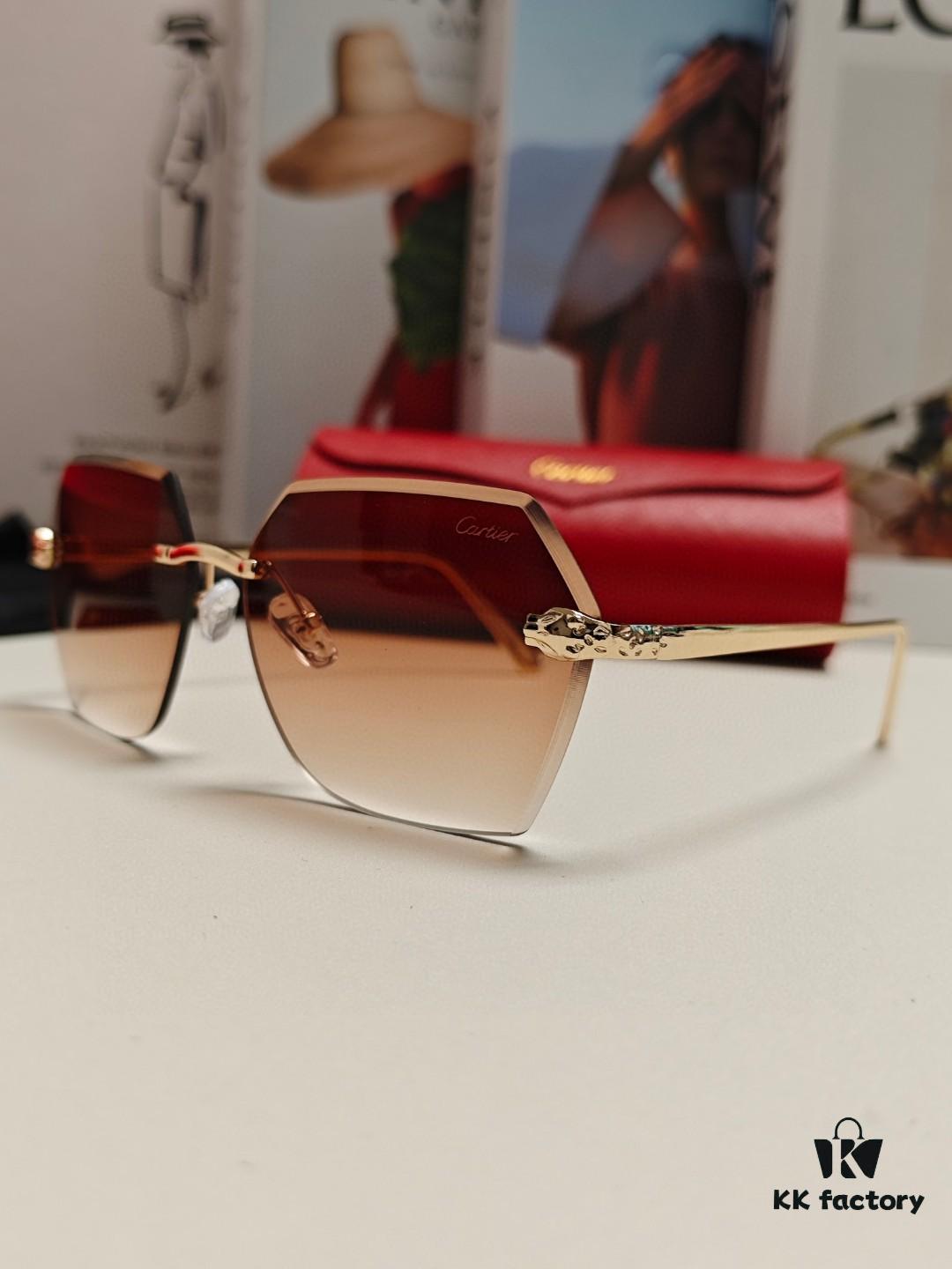 Cartier 2024 New Model Frameless Sunglasses for Women, Classic Leopard Print Temples, Diamond-Cut Edges, Gradient Lenses, Oversized Luxury Sunglasses