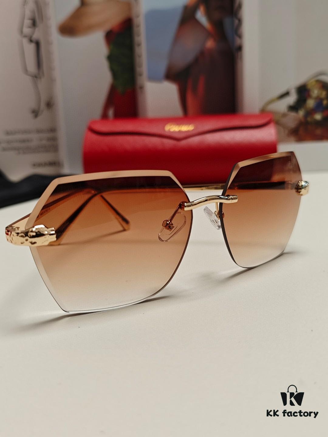 Cartier 2024 New Model Frameless Sunglasses for Women, Classic Leopard Print Temples, Diamond-Cut Edges, Gradient Lenses, Oversized Luxury Sunglasses
