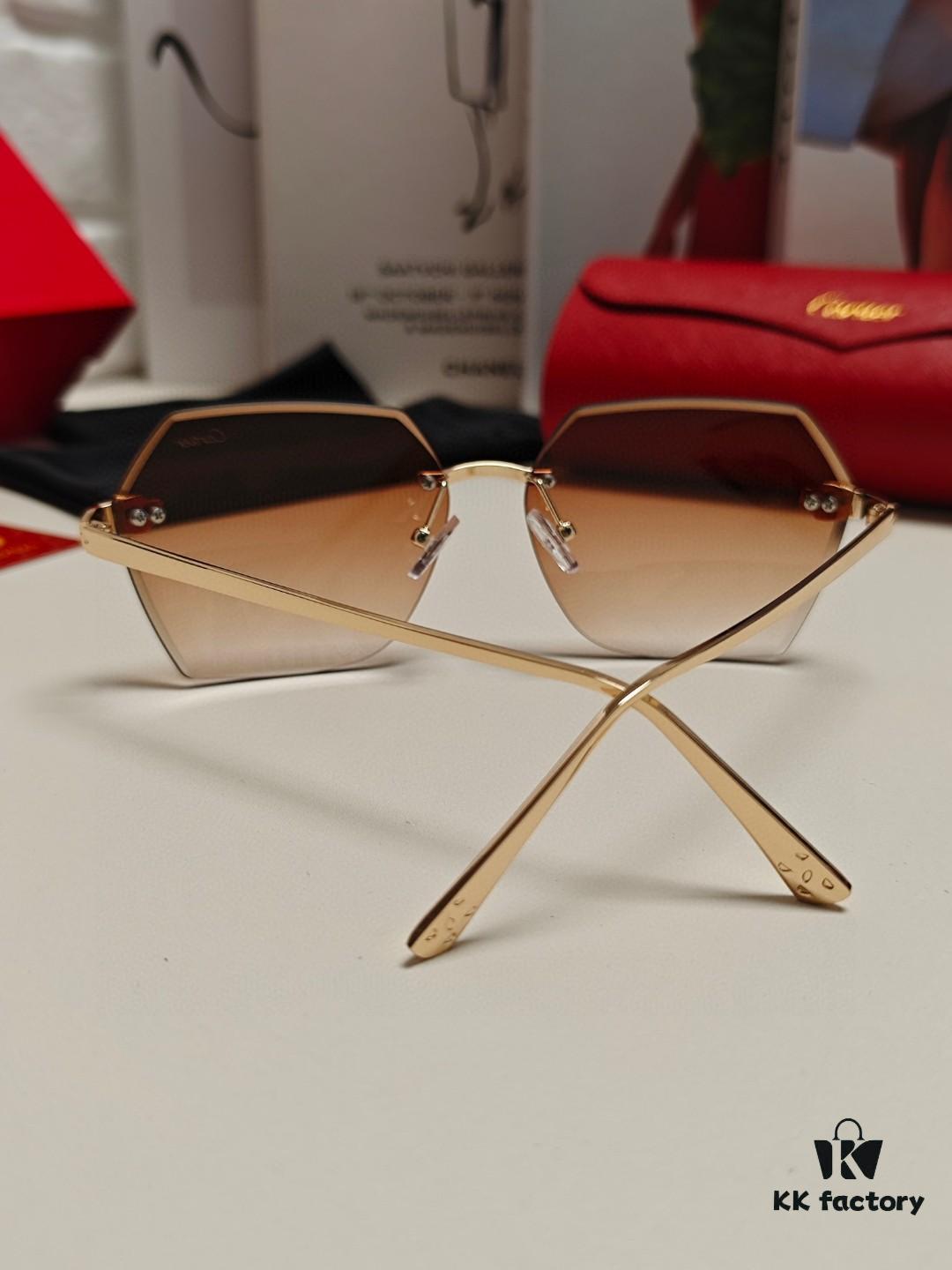 Cartier 2024 New Model Frameless Sunglasses for Women, Classic Leopard Print Temples, Diamond-Cut Edges, Gradient Lenses, Oversized Luxury Sunglasses