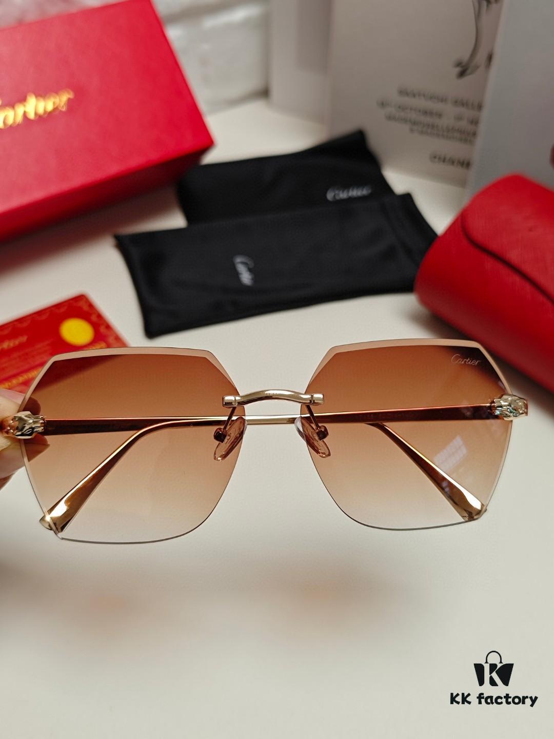 Cartier 2024 New Model Frameless Sunglasses for Women, Classic Leopard Print Temples, Diamond-Cut Edges, Gradient Lenses, Oversized Luxury Sunglasses