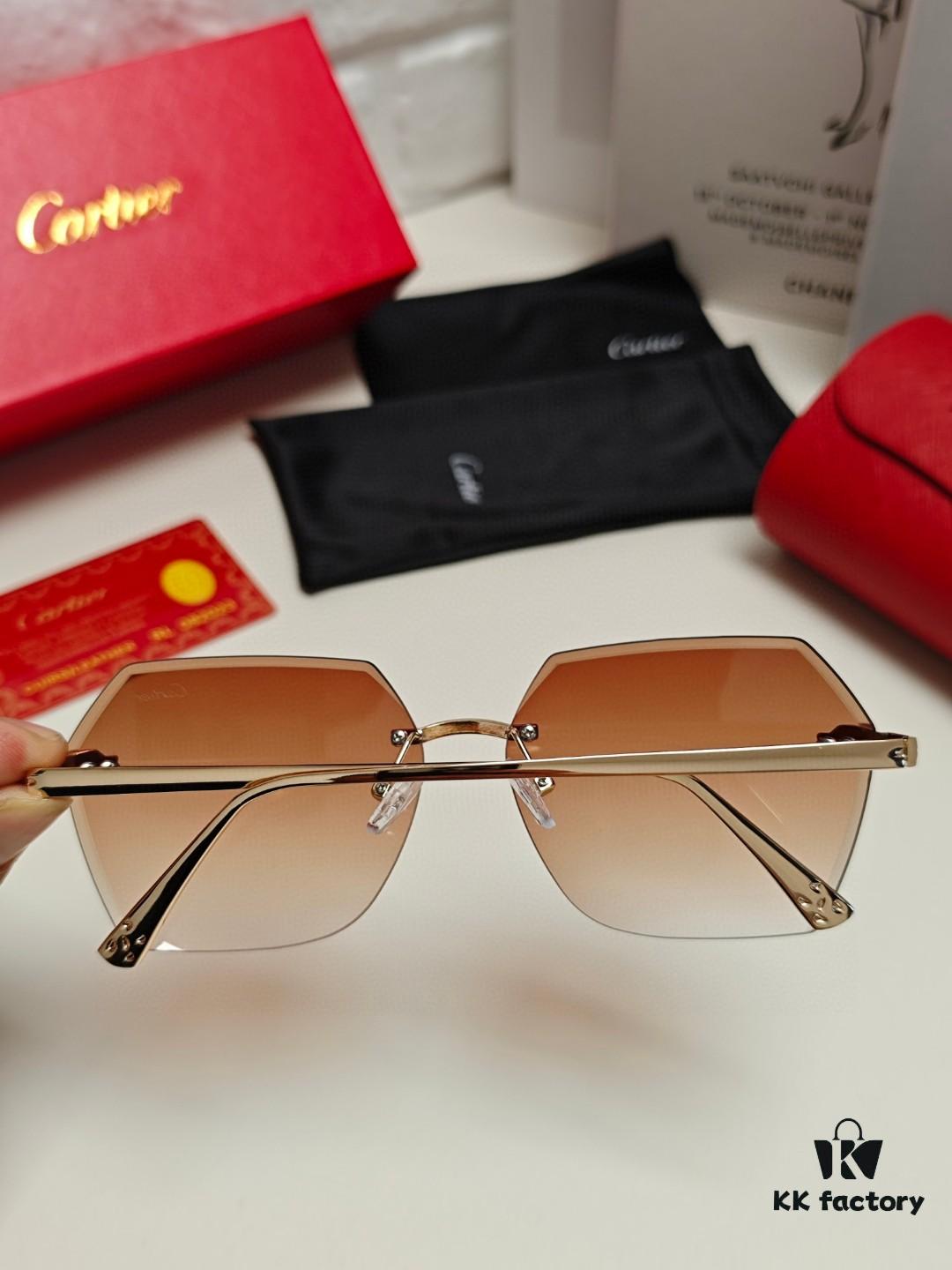 Cartier 2024 New Model Frameless Sunglasses for Women, Classic Leopard Print Temples, Diamond-Cut Edges, Gradient Lenses, Oversized Luxury Sunglasses