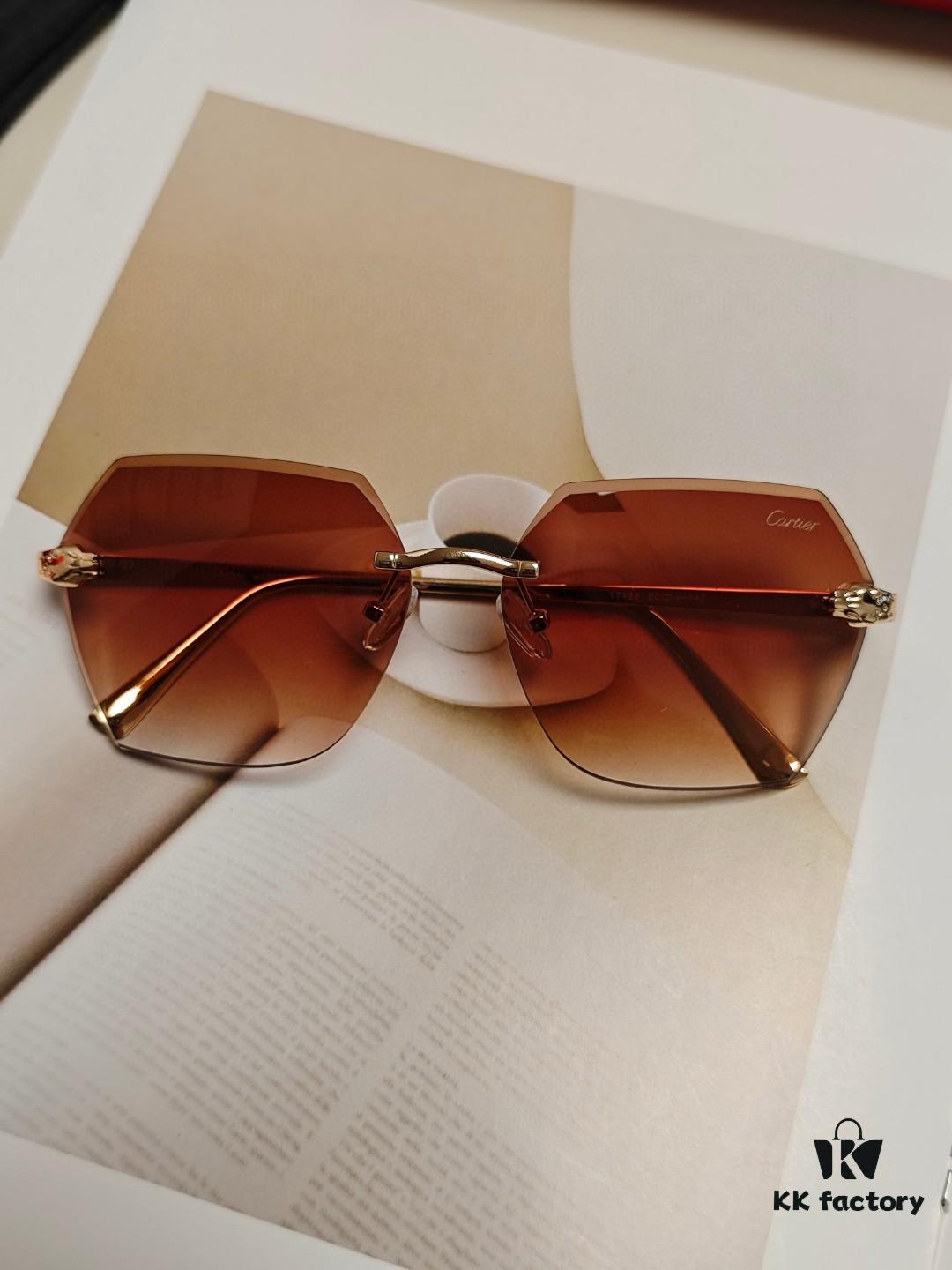 Cartier 2024 New Model Frameless Sunglasses for Women, Classic Leopard Print Temples, Diamond-Cut Edges, Gradient Lenses, Oversized Luxury Sunglasses