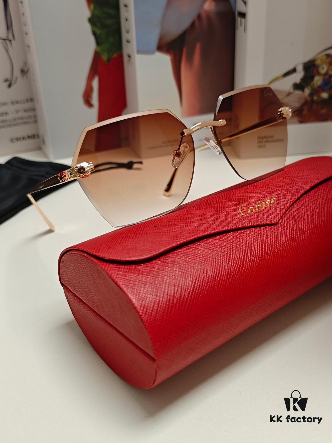 Cartier 2024 New Model Frameless Sunglasses for Women, Classic Leopard Print Temples, Diamond-Cut Edges, Gradient Lenses, Oversized Luxury Sunglasses