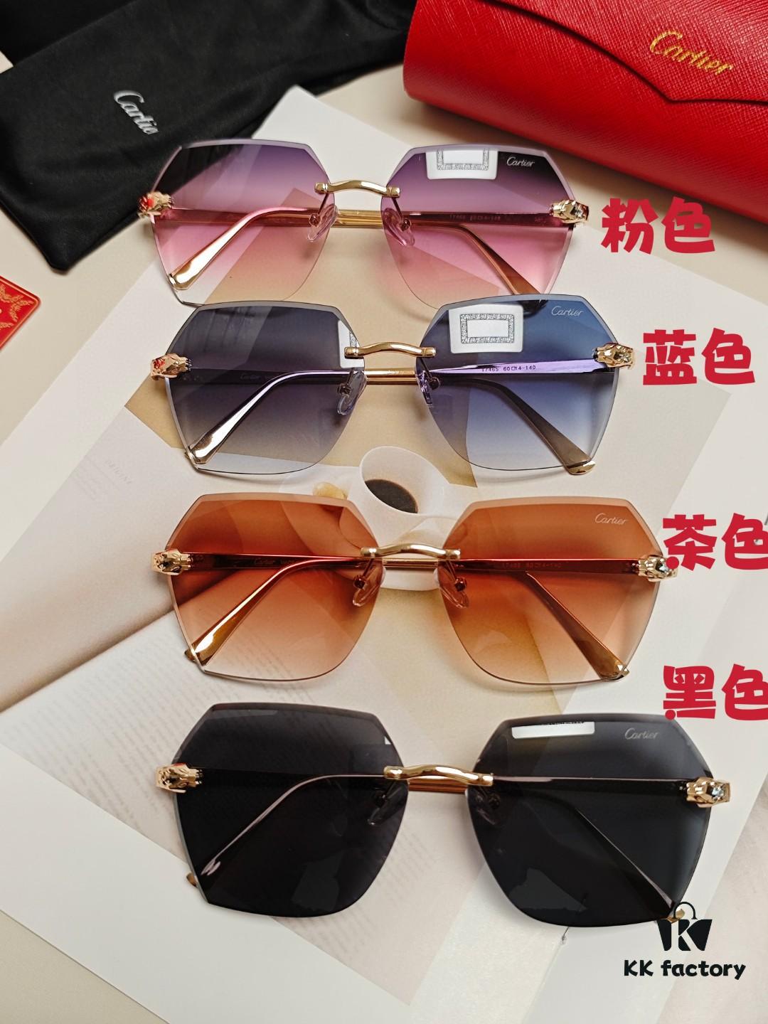 Cartier 2024 New Model Frameless Sunglasses for Women, Classic Leopard Print Temples, Diamond-Cut Edges, Gradient Lenses, Oversized Luxury Sunglasses