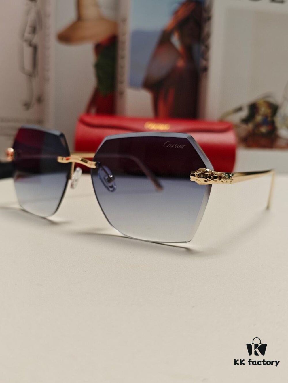 Cartier 2024 New Frameless Sunglasses for Women, Classic Leopard Print Temples 🐆, Diamond-Cut Edges, Gradient Lenses, Oversized Stylish Sunglasses