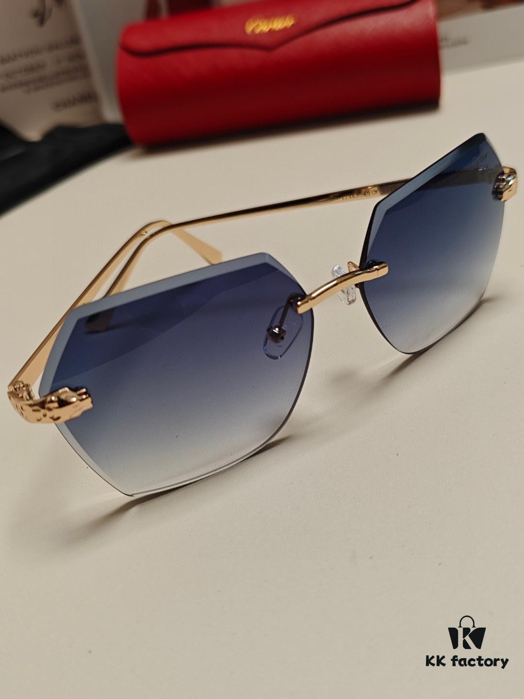 Cartier 2024 New Frameless Sunglasses for Women, Classic Leopard Print Temples 🐆, Diamond-Cut Edges, Gradient Lenses, Oversized Stylish Sunglasses