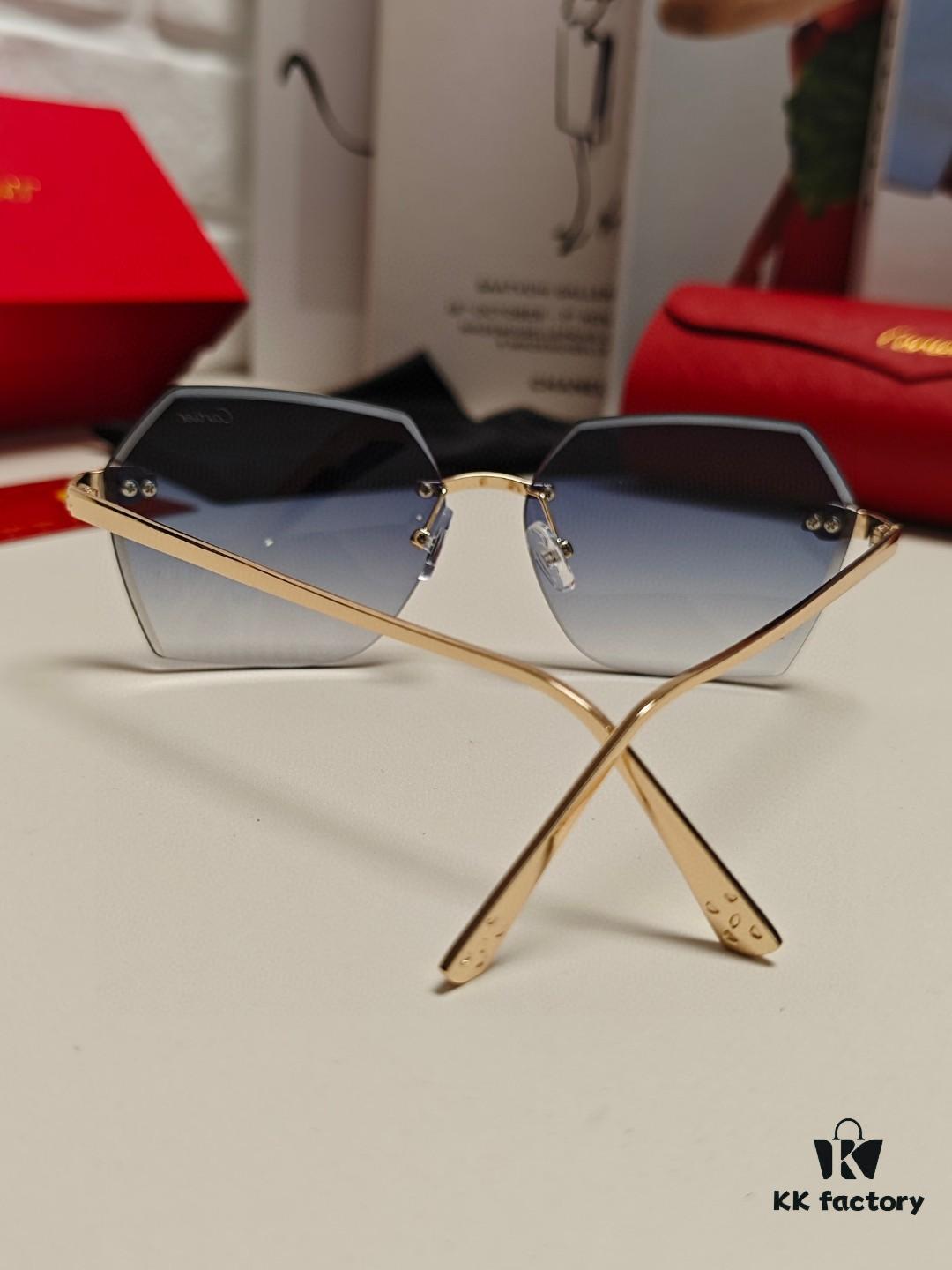 Cartier 2024 New Frameless Sunglasses for Women, Classic Leopard Print Temples 🐆, Diamond-Cut Edges, Gradient Lenses, Oversized Stylish Sunglasses