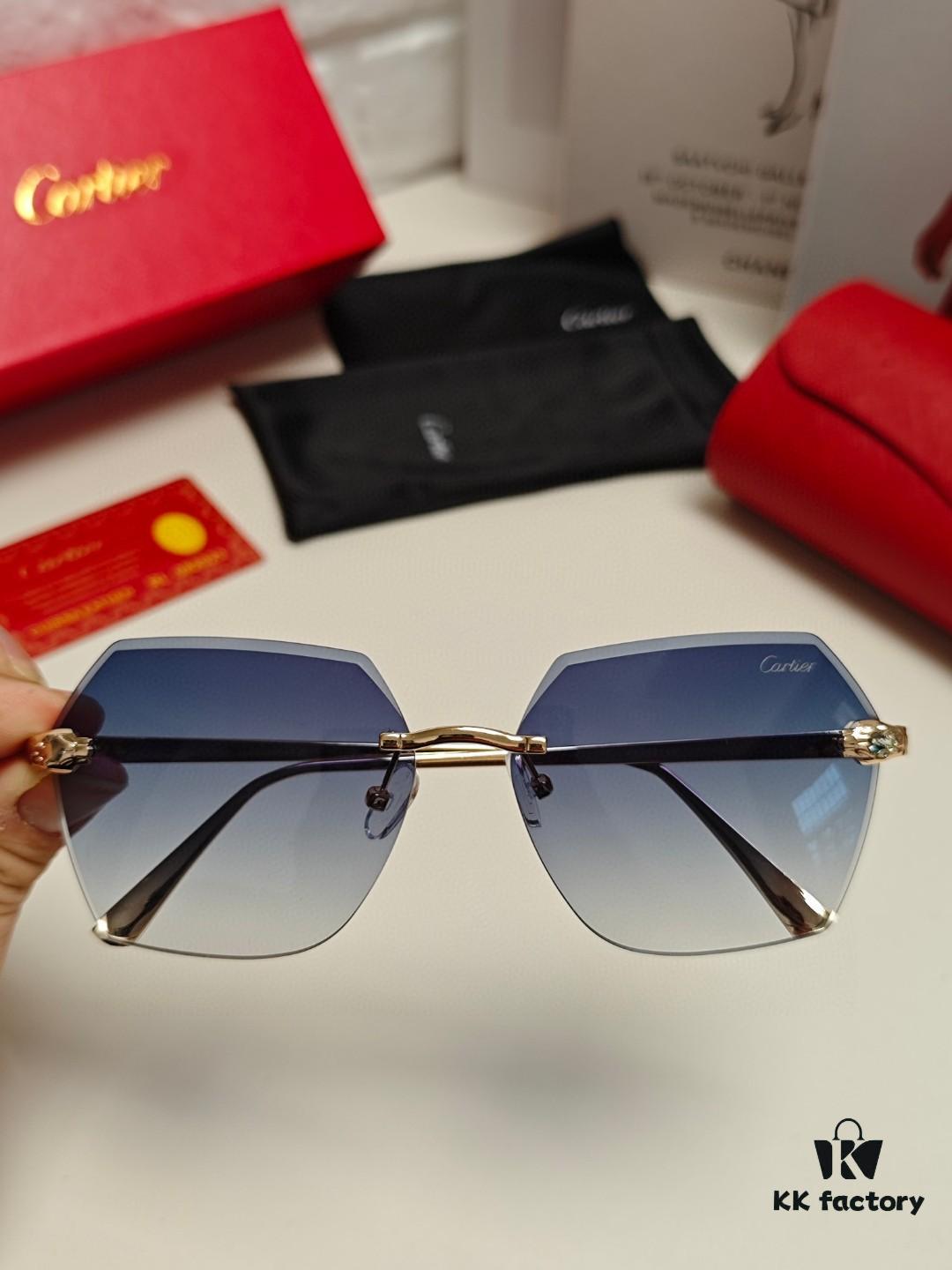 Cartier 2024 New Frameless Sunglasses for Women, Classic Leopard Print Temples 🐆, Diamond-Cut Edges, Gradient Lenses, Oversized Stylish Sunglasses