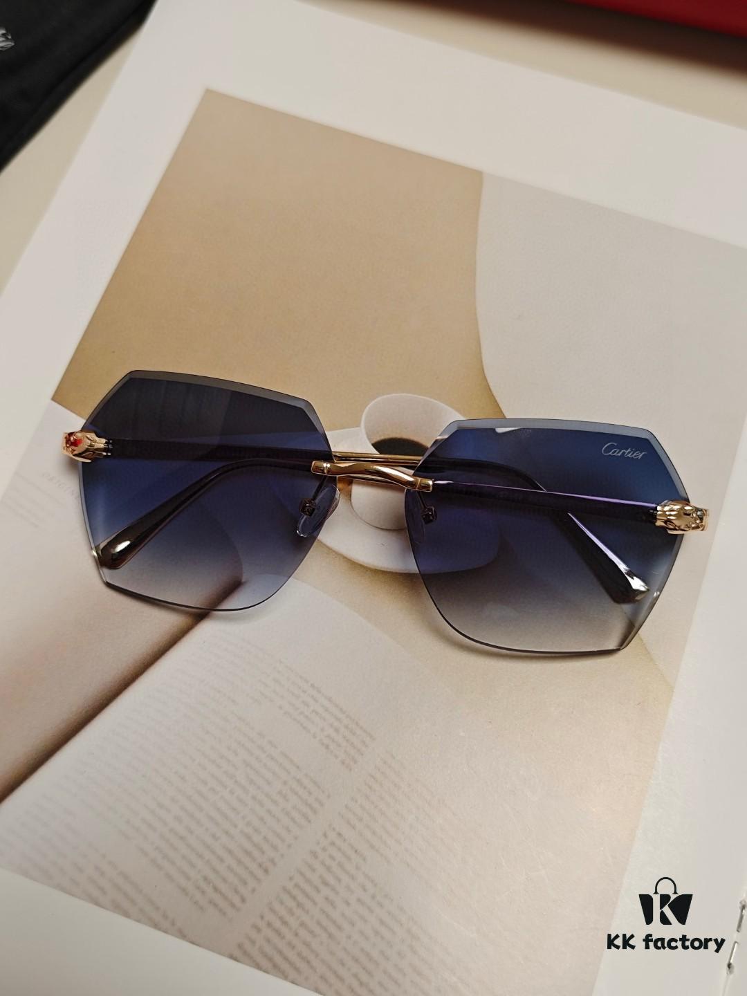 Cartier 2024 New Frameless Sunglasses for Women, Classic Leopard Print Temples 🐆, Diamond-Cut Edges, Gradient Lenses, Oversized Stylish Sunglasses