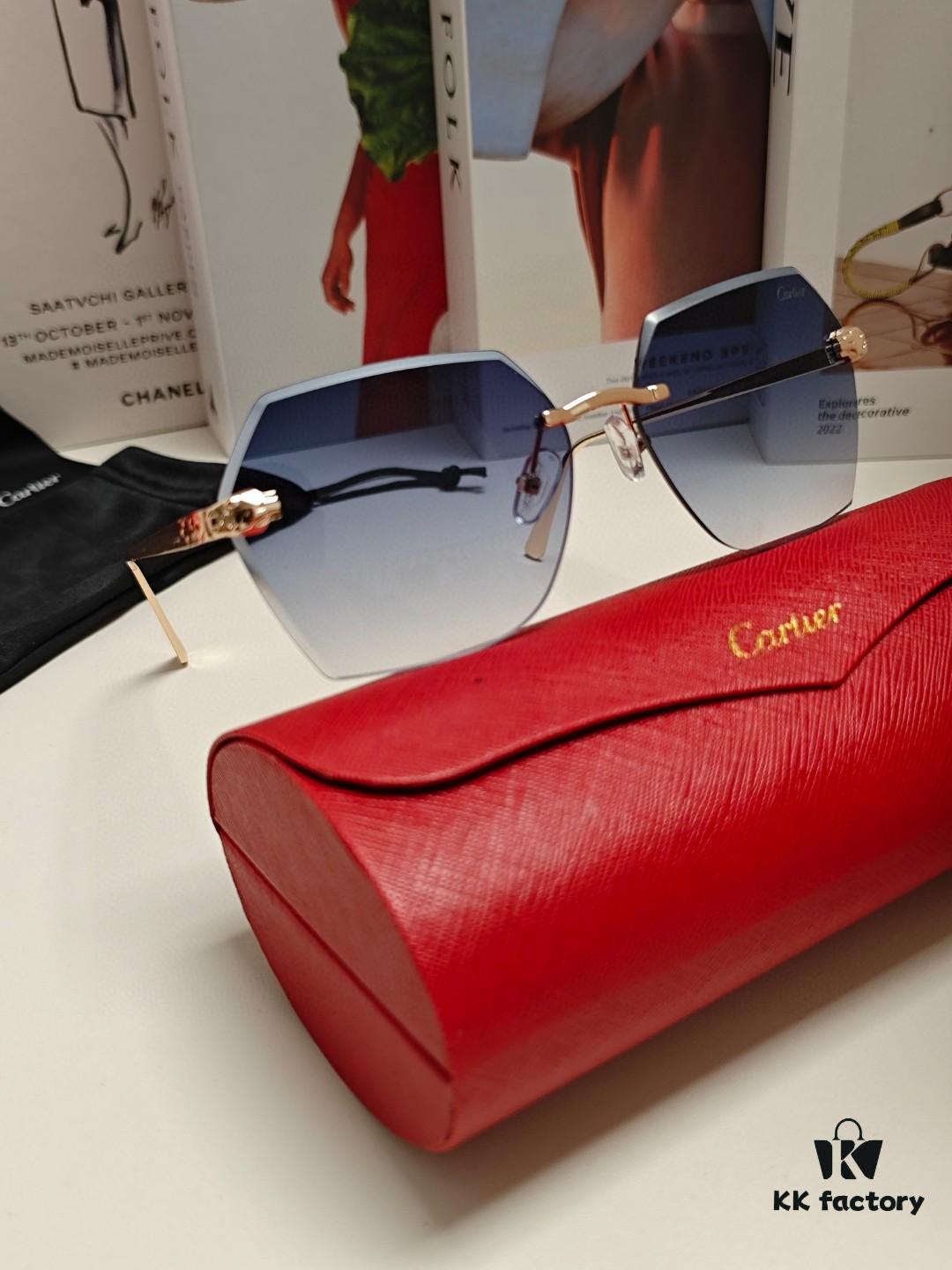 Cartier 2024 New Frameless Sunglasses for Women, Classic Leopard Print Temples 🐆, Diamond-Cut Edges, Gradient Lenses, Oversized Stylish Sunglasses