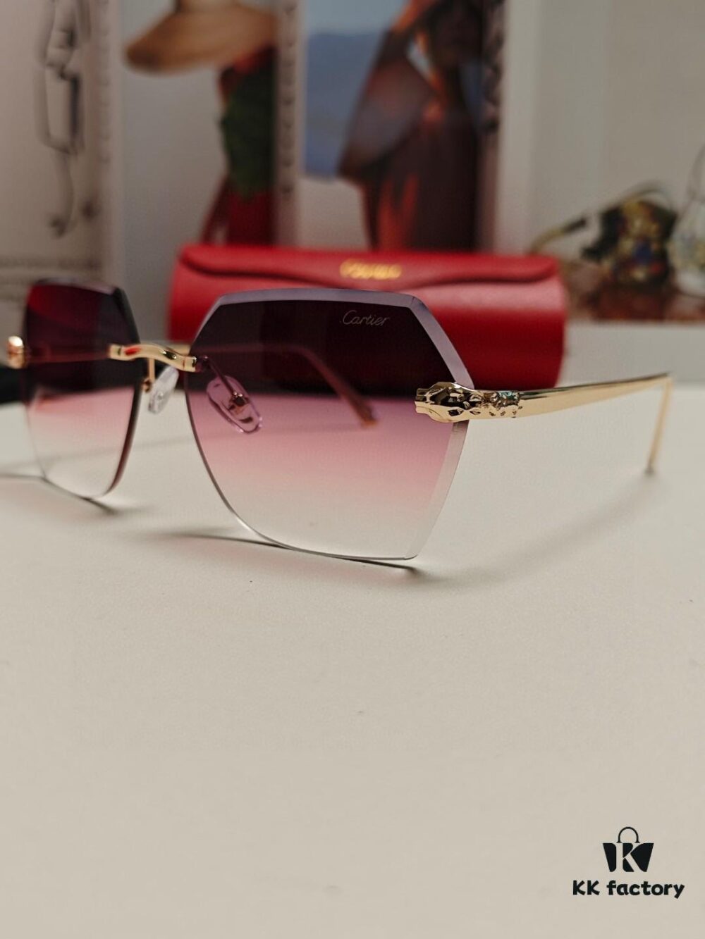 Cartier 2024 New Collection Frameless Sunglasses for Women, Classic Leopard Print Temples, Diamond-Cut Edges, Gradient Lenses, Oversized Luxury Design