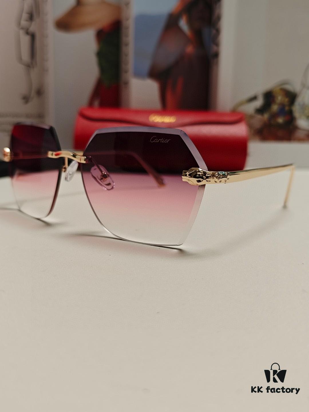 Cartier 2024 New Collection Frameless Sunglasses for Women, Classic Leopard Print Temples, Diamond-Cut Edges, Gradient Lenses, Oversized Luxury Design