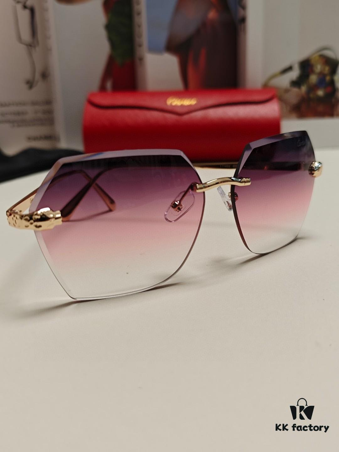 Cartier 2024 New Collection Frameless Sunglasses for Women, Classic Leopard Print Temples, Diamond-Cut Edges, Gradient Lenses, Oversized Luxury Design