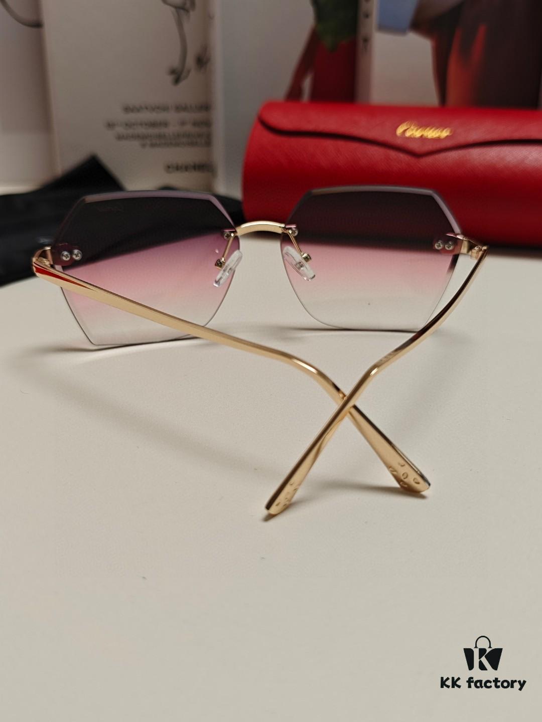 Cartier 2024 New Collection Frameless Sunglasses for Women, Classic Leopard Print Temples, Diamond-Cut Edges, Gradient Lenses, Oversized Luxury Design