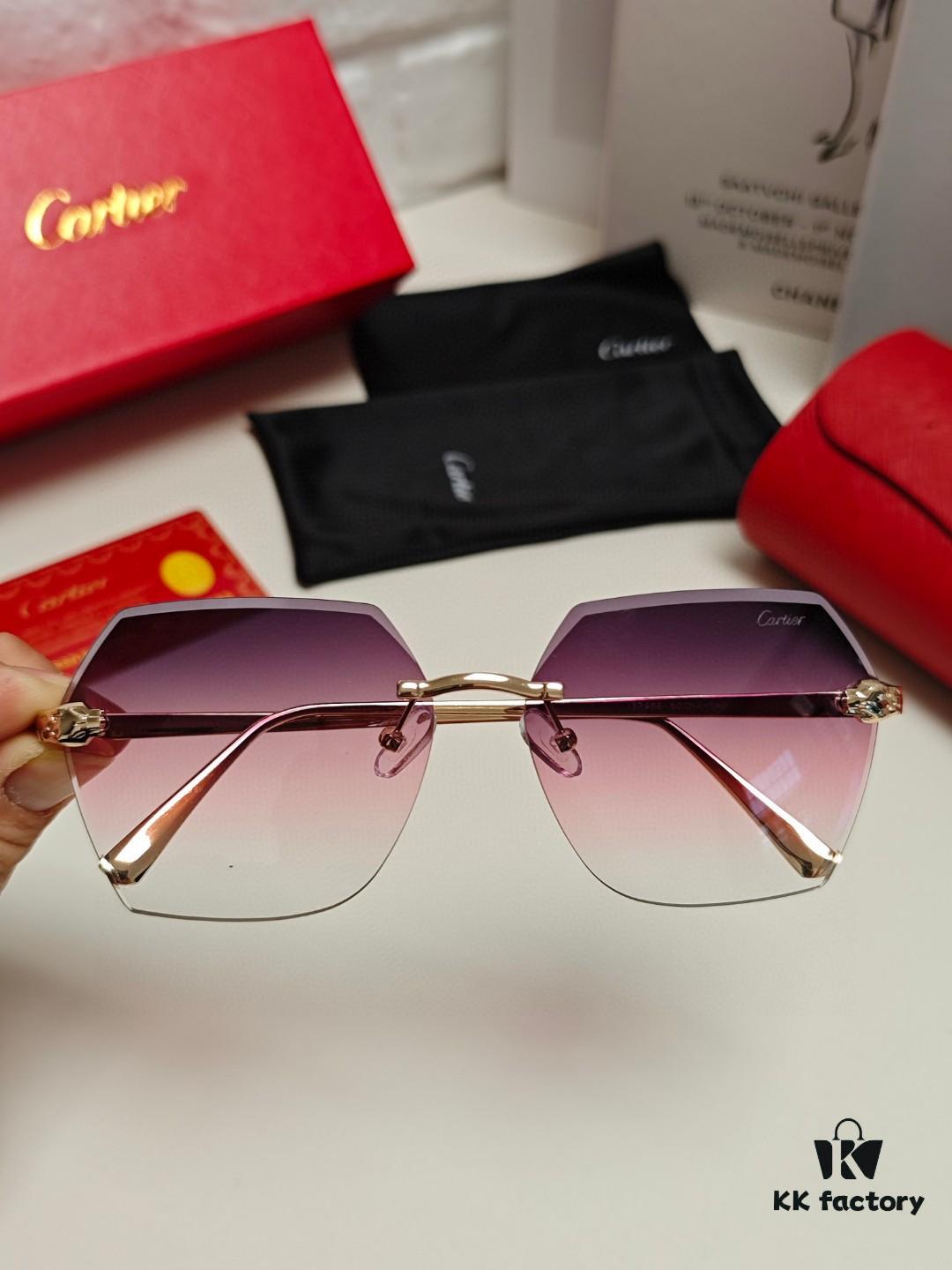 Cartier 2024 New Collection Frameless Sunglasses for Women, Classic Leopard Print Temples, Diamond-Cut Edges, Gradient Lenses, Oversized Luxury Design