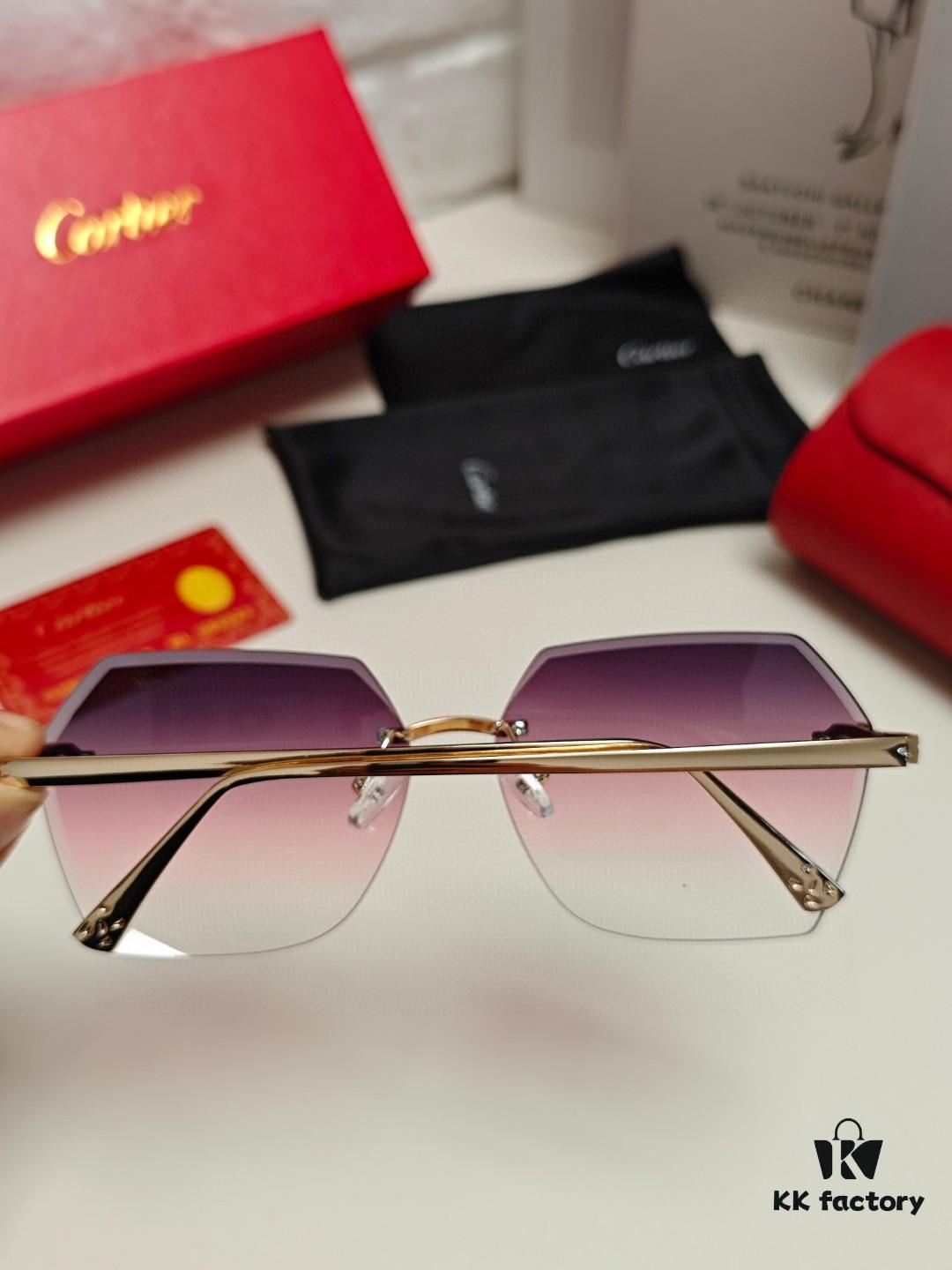 Cartier 2024 New Collection Frameless Sunglasses for Women, Classic Leopard Print Temples, Diamond-Cut Edges, Gradient Lenses, Oversized Luxury Design