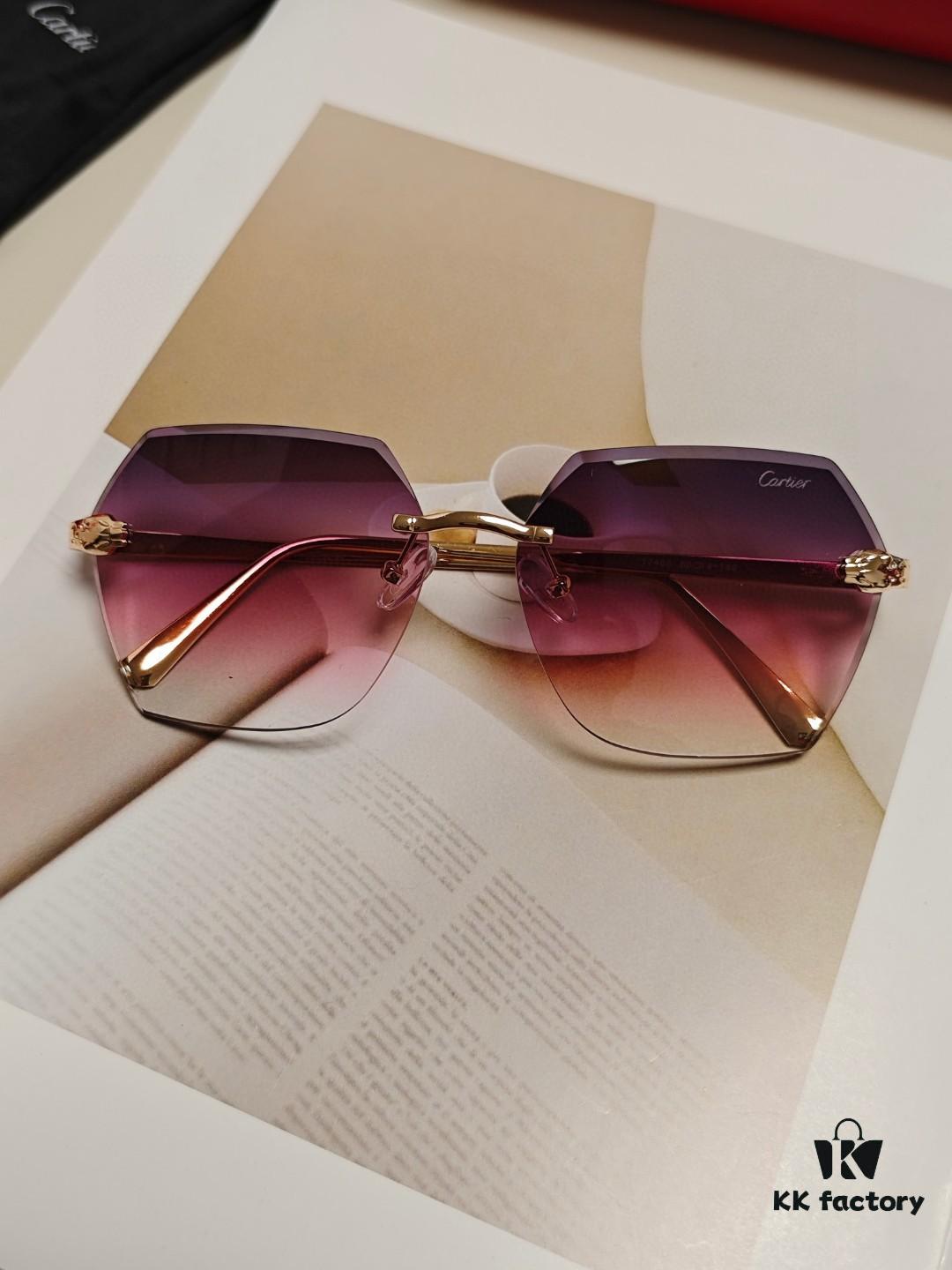 Cartier 2024 New Collection Frameless Sunglasses for Women, Classic Leopard Print Temples, Diamond-Cut Edges, Gradient Lenses, Oversized Luxury Design