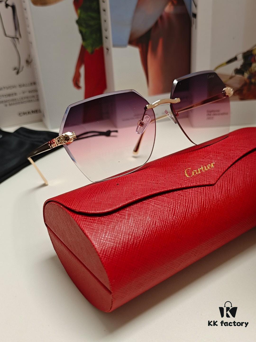Cartier 2024 New Collection Frameless Sunglasses for Women, Classic Leopard Print Temples, Diamond-Cut Edges, Gradient Lenses, Oversized Luxury Design