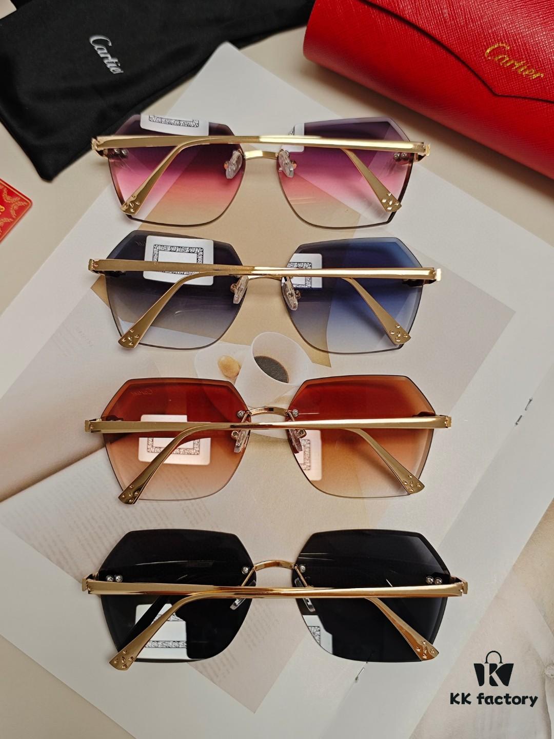Cartier 2024 New Collection Frameless Sunglasses for Women, Classic Leopard Print Temples, Diamond-Cut Edges, Gradient Lenses, Oversized Luxury Design