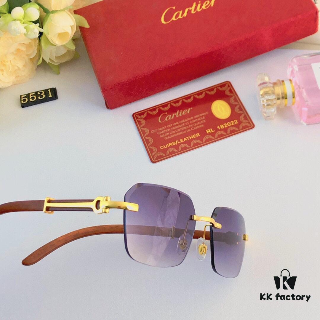 Cartier 2024 New Arrival Wooden Grain Temple Sunglasses Unisex, Fashion Frameless Small Square Sunglasses with Premium Aesthetic