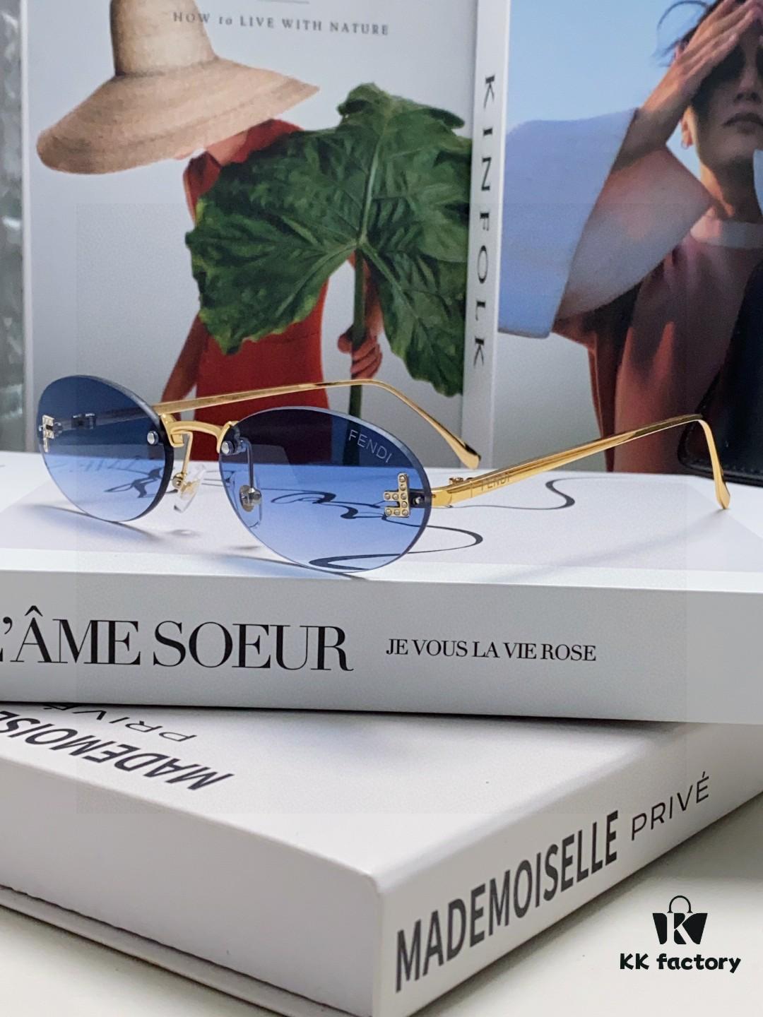 Fendi 2025 New Arrival Metal Frameless Oval Sunglasses for Women, Fashionable and Stylish Unisex UV-Protective Sun Glasses