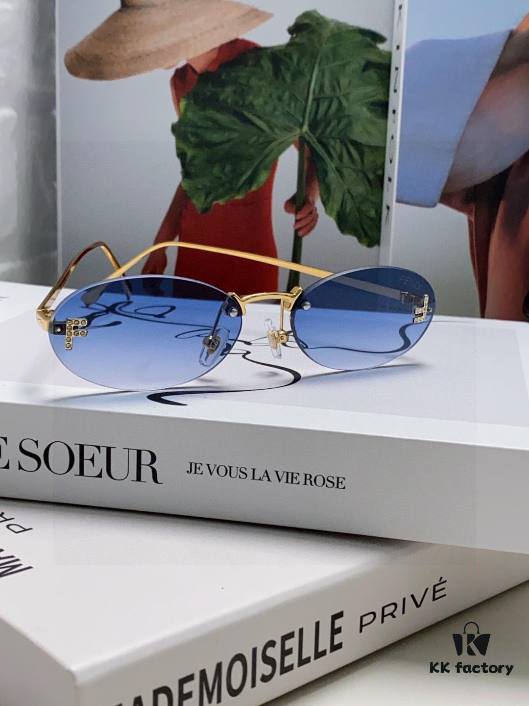 Fendi 2025 New Arrival Metal Frameless Oval Sunglasses for Women, Fashionable and Stylish Unisex UV-Protective Sun Glasses