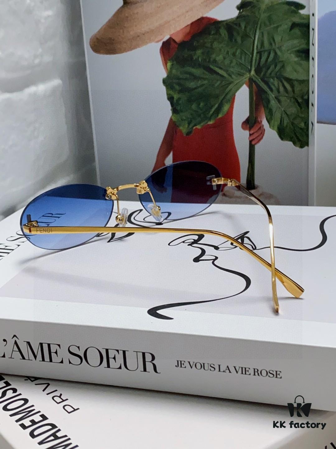 Fendi 2024 New Arrival Metal Frameless Oval Sunglasses for Women, Stylish and Unique Unisex UV-Protective Shades