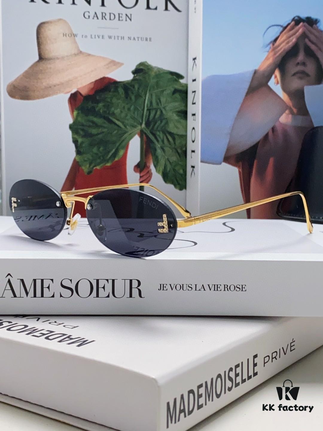 Fendi 2024 New Arrival Metal Frameless Oval Sunglasses for Women, Fashionable and Stylish Unisex UV-Protective Eyewear