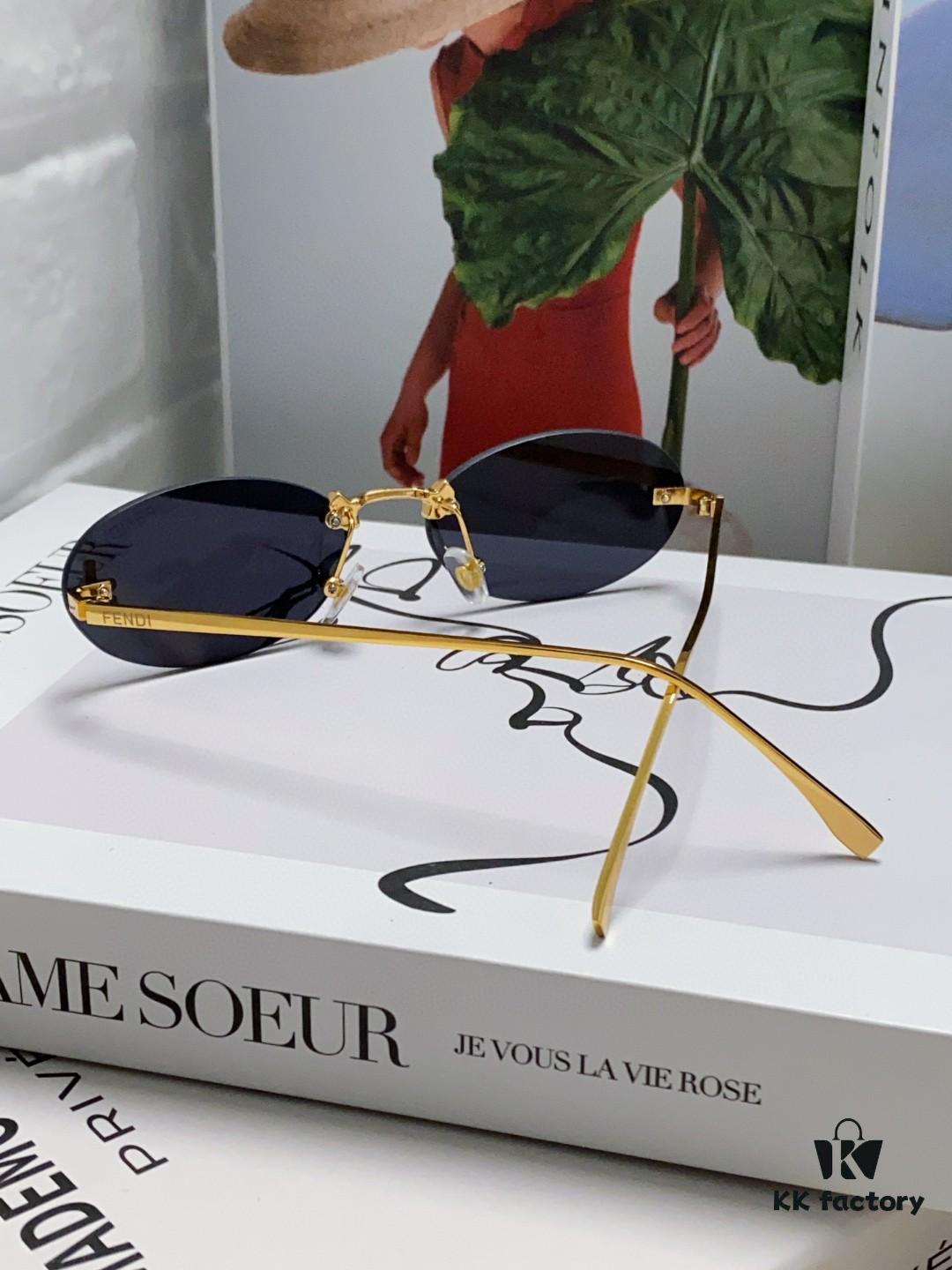 Fendi 2024 New Arrival Metal Frameless Oval Sunglasses for Women, Fashionable and Stylish Unisex UV-Protective Sunglasses