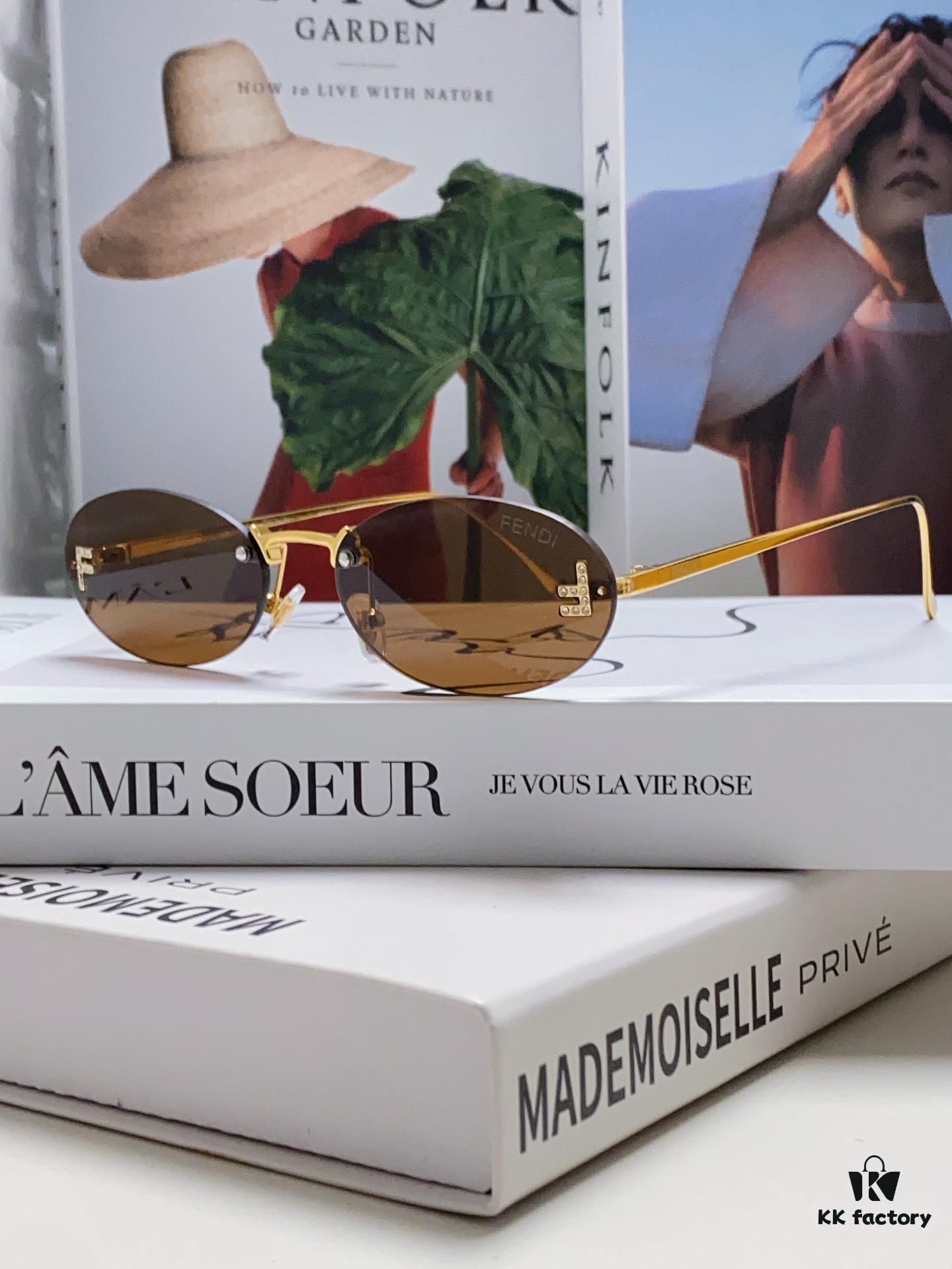 Fendi 2024 New Arrival Metal Frameless Oval Sunglasses for Women, Fashionable and Stylish Unisex UV-Protective Shades