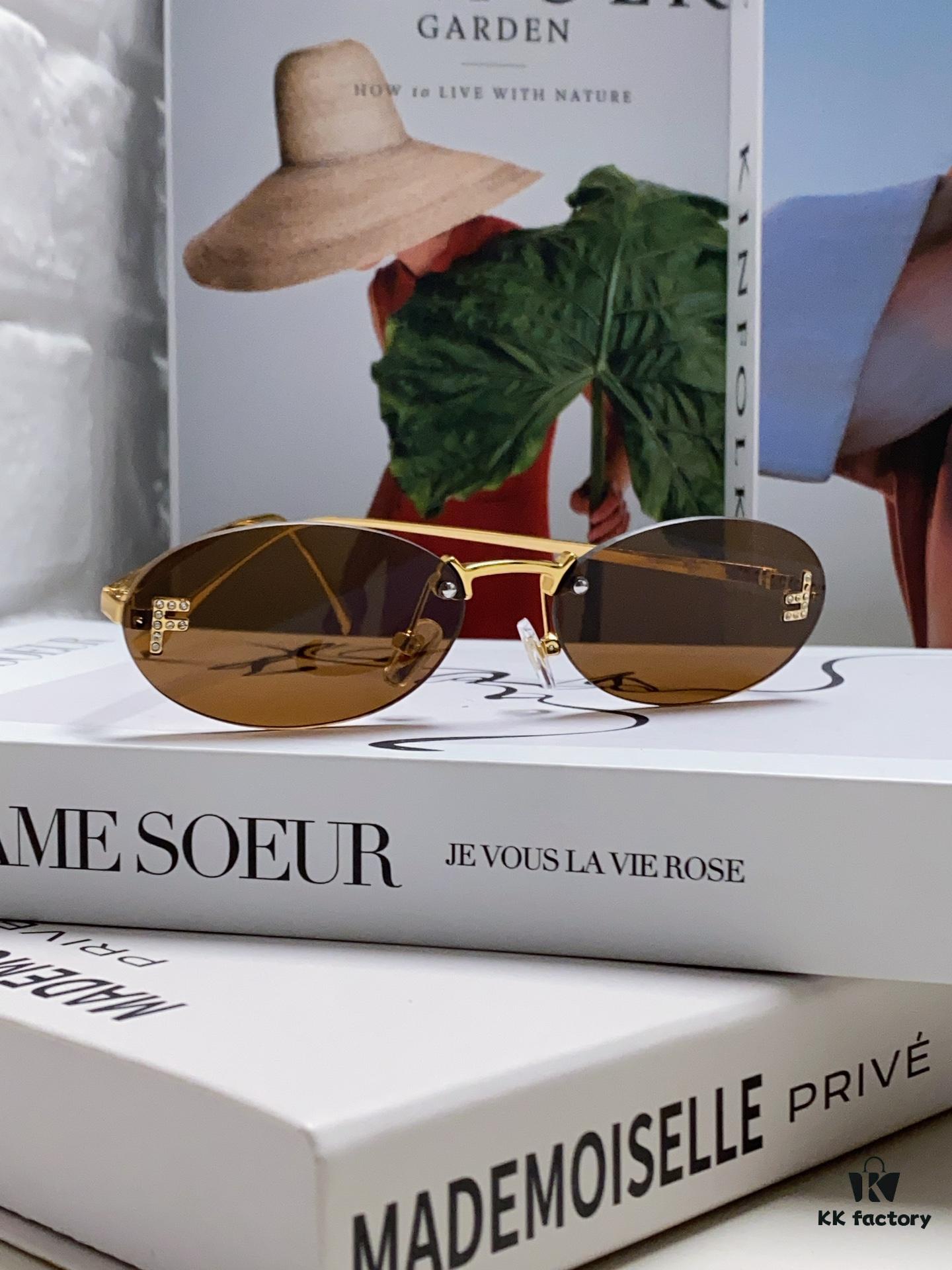 Fendi 2024 New Arrival Metal Frameless Oval Sunglasses for Women, Fashionable and Stylish Unisex UV-Protective Shades