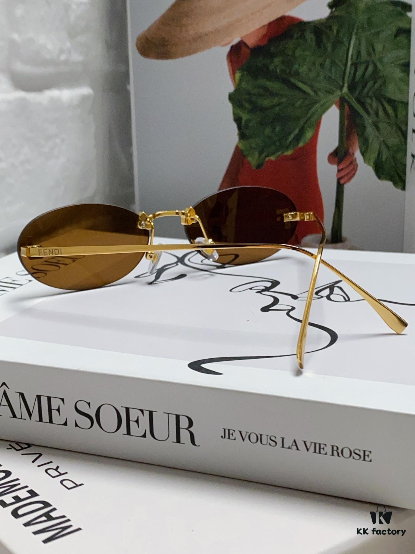 Fendi 2024 New Arrival Metal Frameless Oval Sunglasses for Women, Fashionable and Stylish Unisex UV-Protective Shades