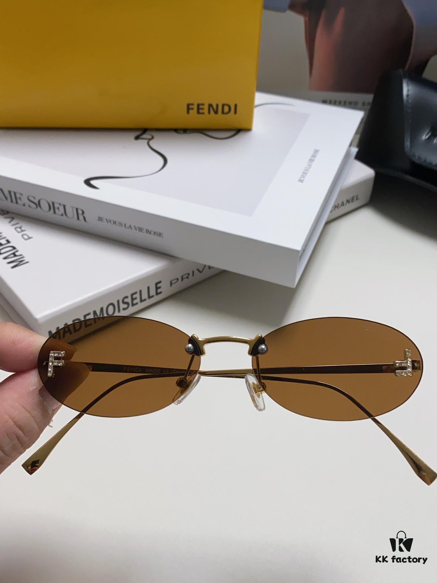 Fendi 2024 New Arrival Metal Frameless Oval Sunglasses for Women, Fashionable and Stylish Unisex UV-Protective Shades