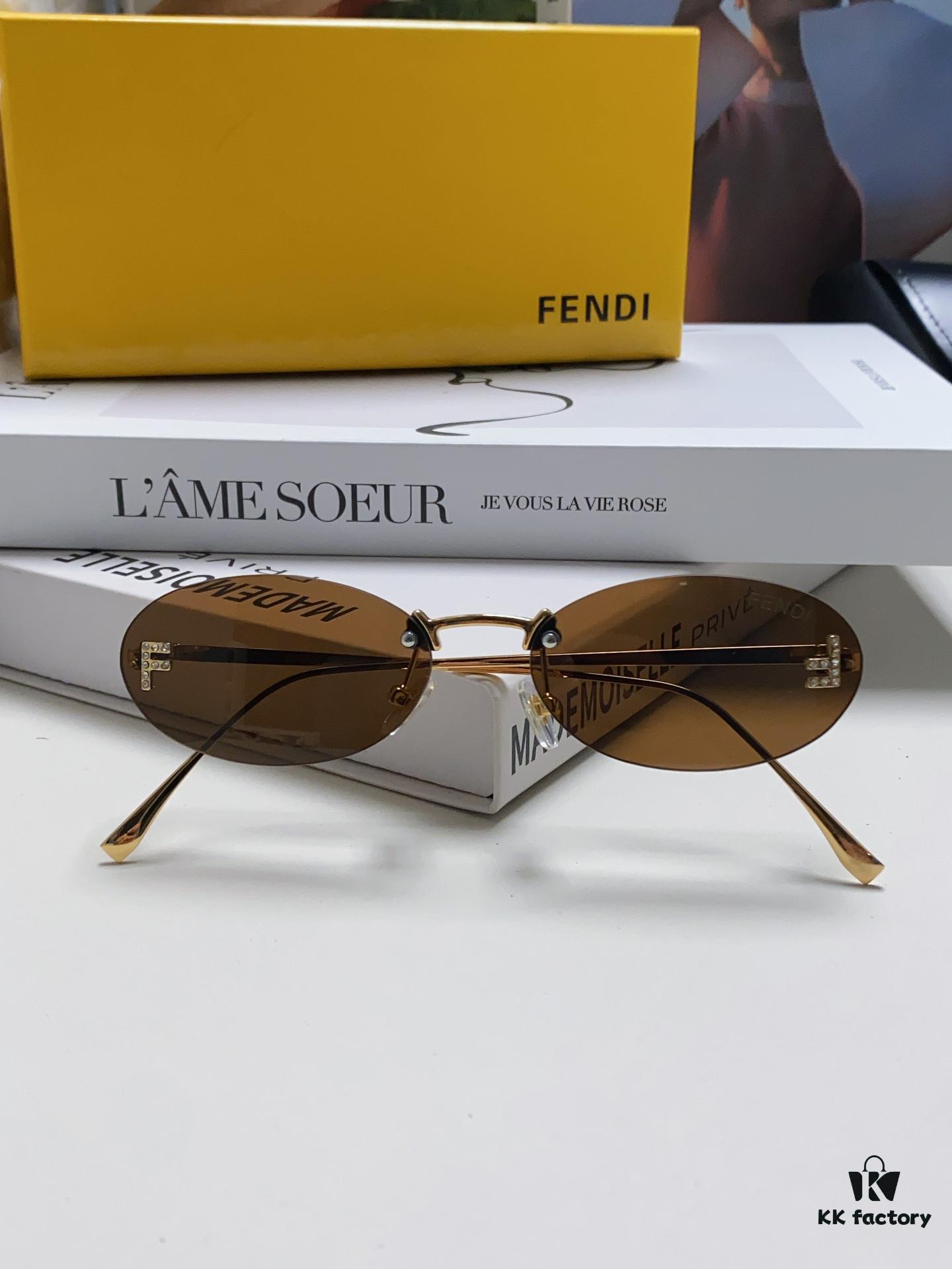 Fendi 2024 New Arrival Metal Frameless Oval Sunglasses for Women, Fashionable and Stylish Unisex UV-Protective Shades