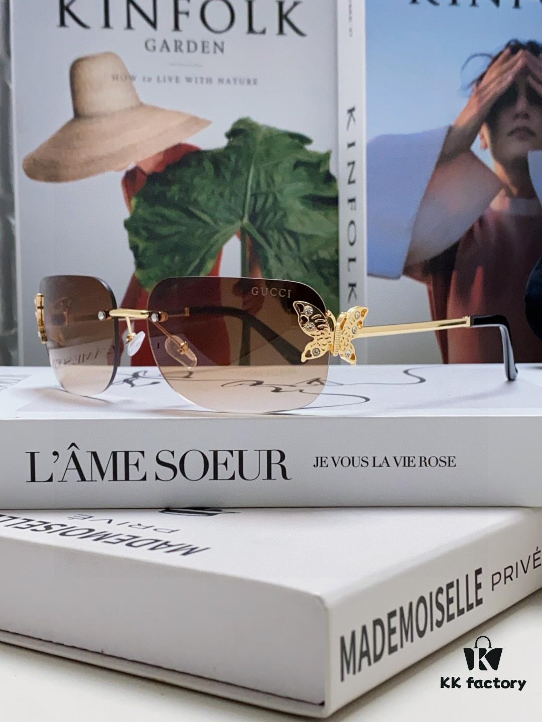 Gucci Rhinestone-Embellished Butterfly Unisex Frameless Sunglasses for Women, Stylish and Fashionable Retro Sun Glasses