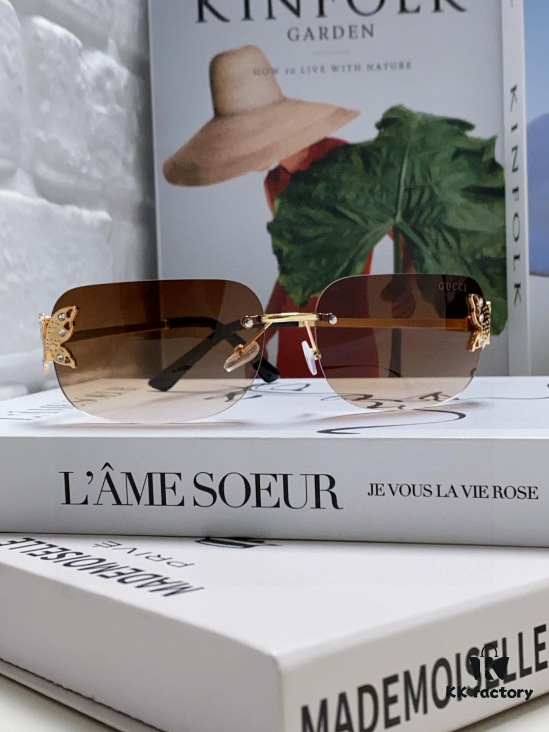 Gucci Rhinestone-Embellished Butterfly Unisex Frameless Sunglasses for Women, Stylish and Fashionable Retro Sun Glasses