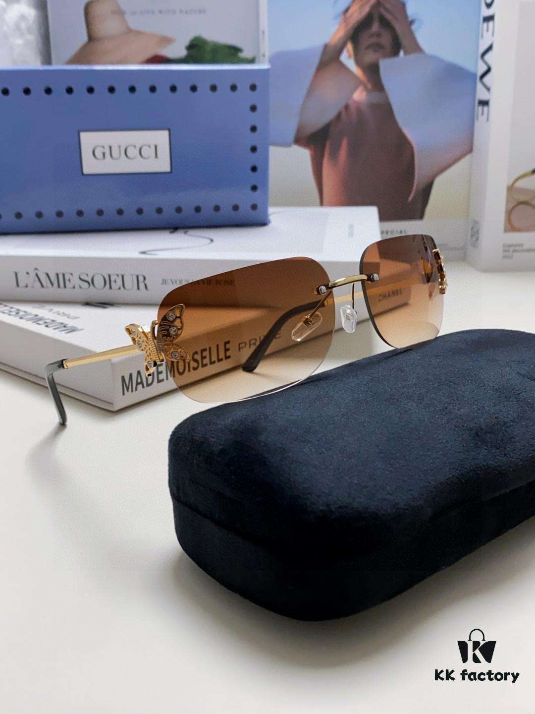 Gucci Rhinestone-Embellished Butterfly Unisex Frameless Sunglasses for Women, Stylish and Fashionable Retro Sun Glasses