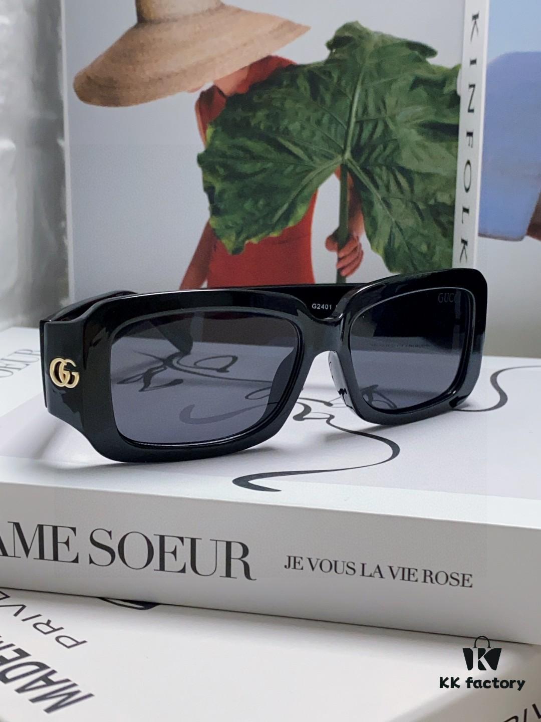 Gucci 2025 New Arrival Unisex Black Rectangular Acetate Sunglasses with Dual Side Logo, Trendy and Comfortable Oversized Eyewear