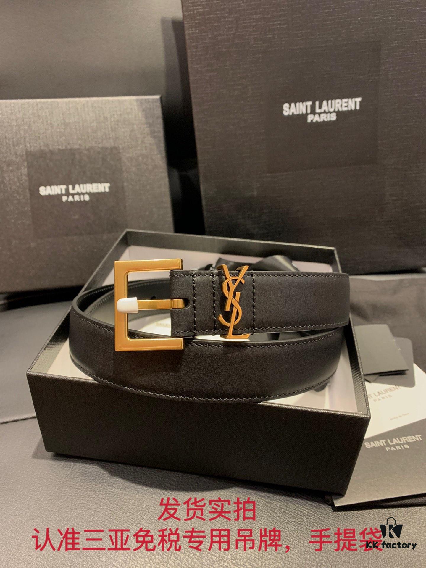 Authentic YSL Leather Belt with Needle Buckle, 3.0 cm Width, Full-Grain Calfskin, Premium Antique Brass Hardware