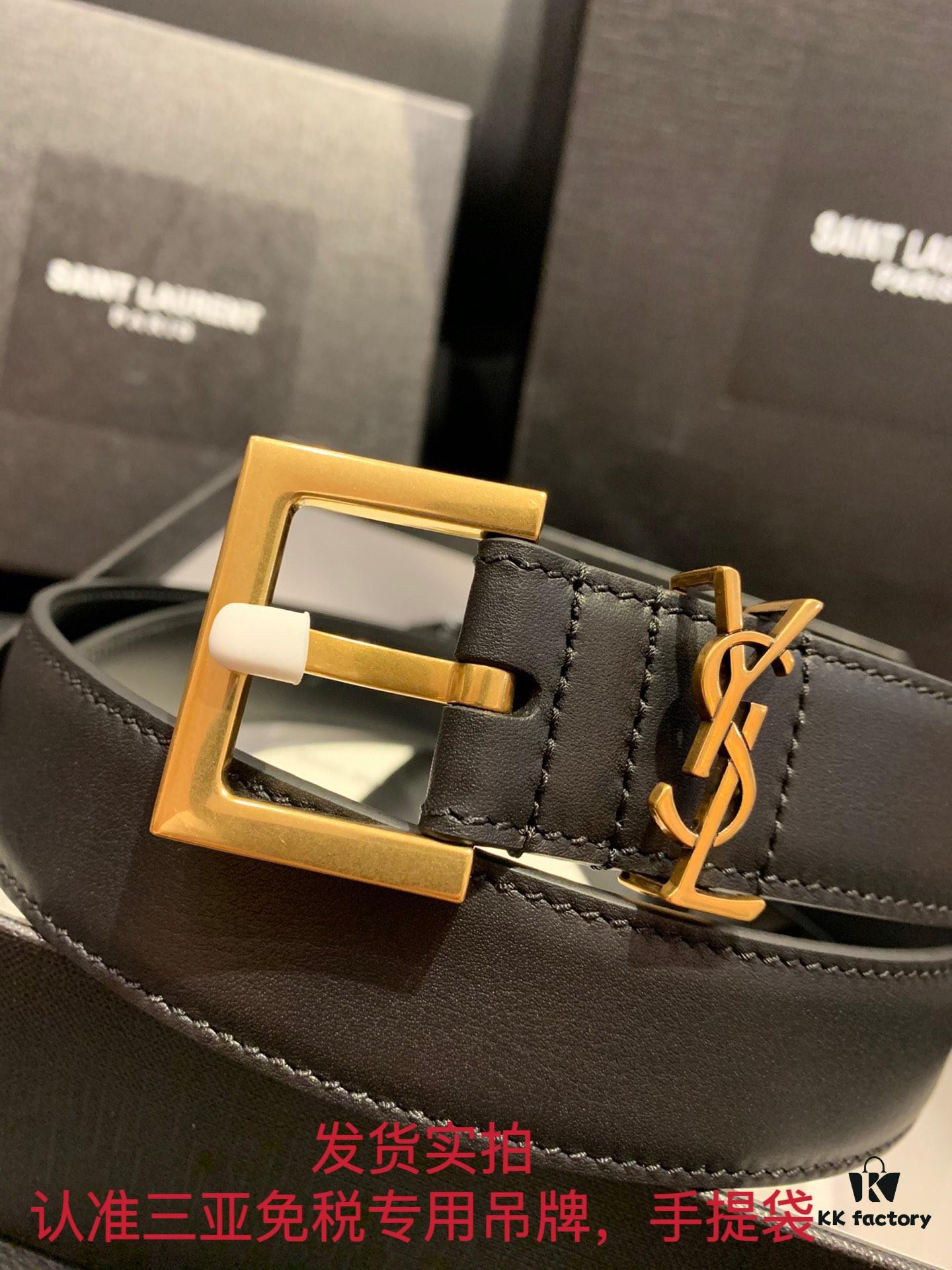 Authentic YSL Leather Belt with Needle Buckle, 3.0 cm Width, Full-Grain Calfskin, Premium Antique Brass Hardware