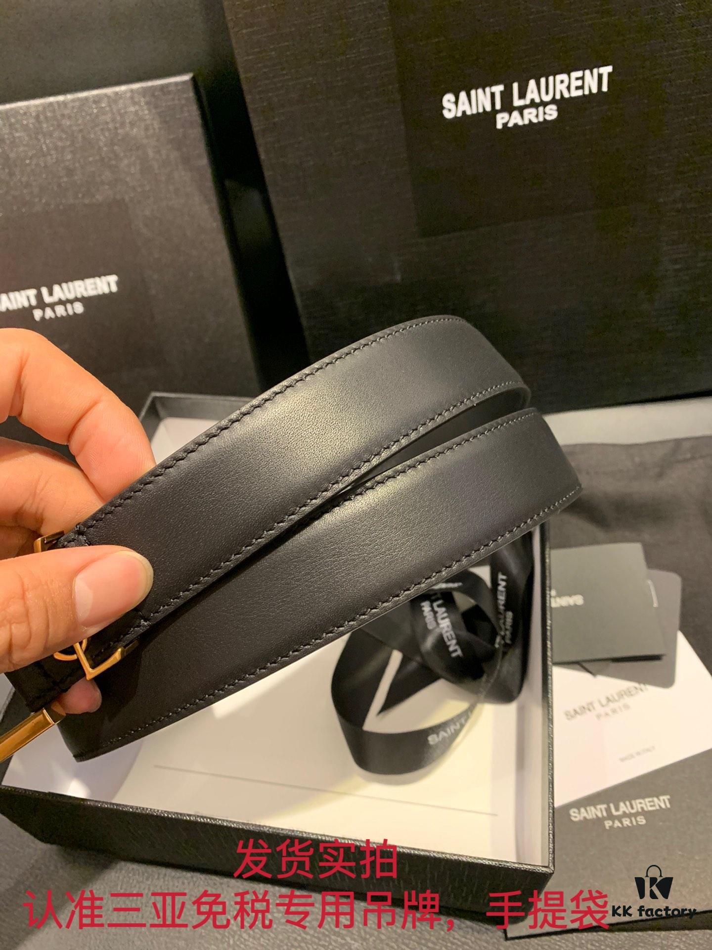 Authentic YSL Leather Belt with Needle Buckle, 3.0 cm Width, Full-Grain Calfskin, Premium Antique Brass Hardware