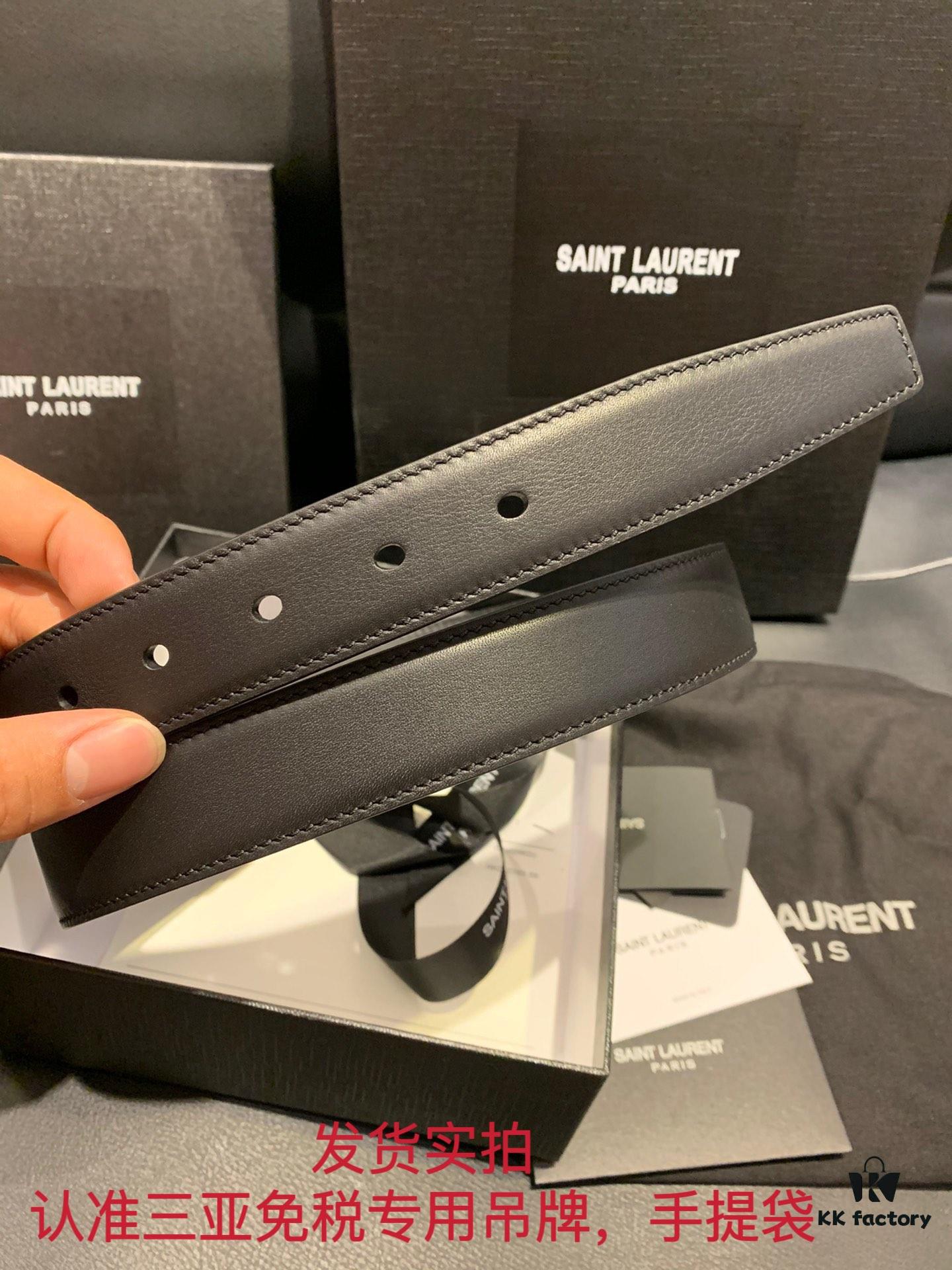 Authentic YSL Leather Belt with Needle Buckle, 3.0 cm Width, Full-Grain Calfskin, Premium Antique Brass Hardware